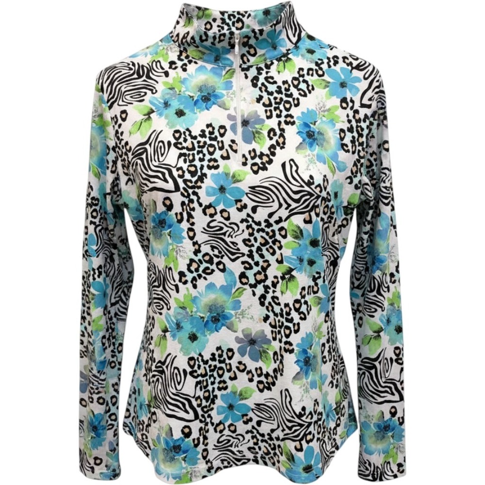 IBKUL Womens Floral Animal Print Quarter Zip Activewear Top L Golf tennis Cool